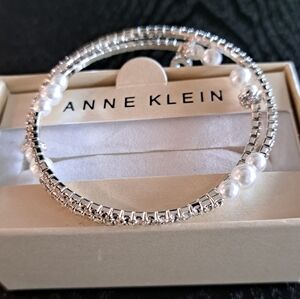Anne Klein Silver and White Pearl and Rhinedtone Wrap Around Bracelet